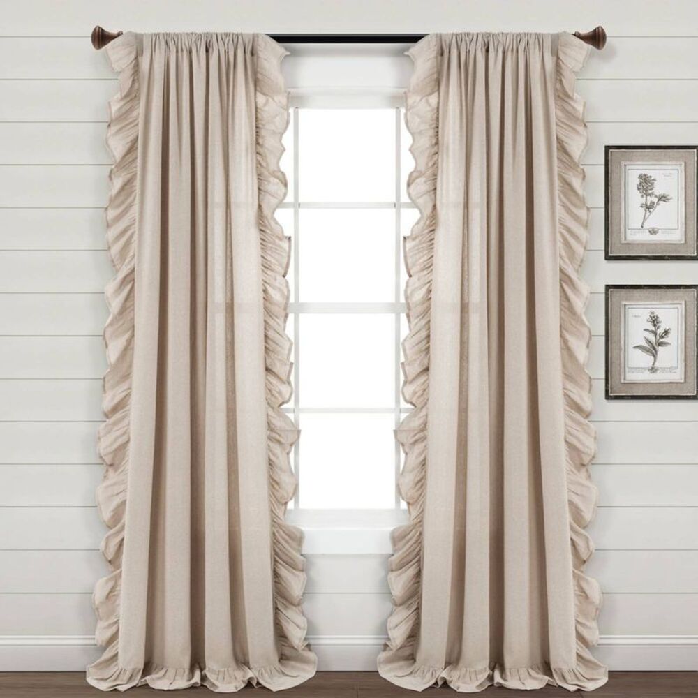 84"x54" Linen Ruffle Window Curtain Panels Beige - Lush Décor Cotton